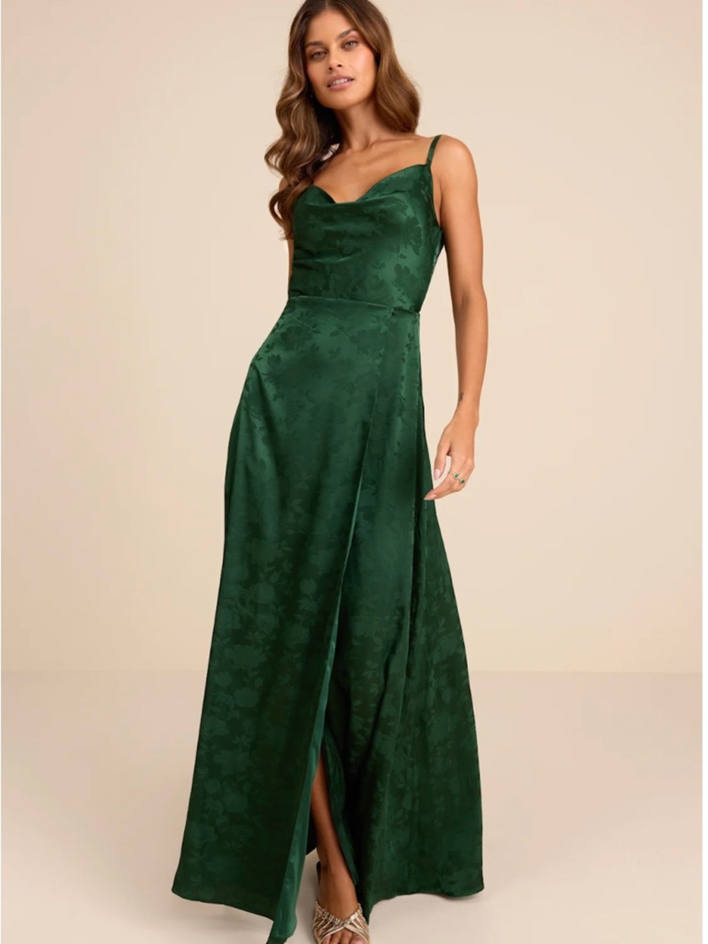 Lulus Simply Dreamy Emerald Green Satin Floral Jacquard Maxi Dress